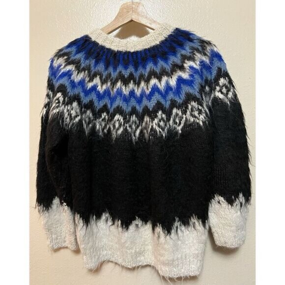 Vtg Signature Imports Alpaca Fair Isle Cardigan Black Blue White Fuzzy Bolivia - Picture 12 of 16